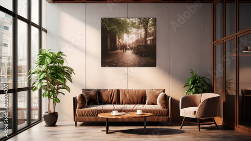 A tranquil caf   interior with a beige sofa against a wall featuring a large monochromatic photograph of a tree-lined street. The ambiance is enhanced by hanging