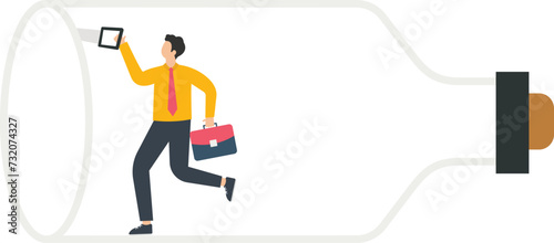Businessman saw the bottom of the bottle with a saw
