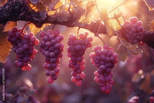 A plump cluster of juicy, seedless grapes hang gracefully on a vine, basking in the crisp autumn air, a tempting treat for both the palate and the eye