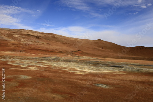 Hverarönd is a hydrothermal site in Iceland with hot springs, fumaroles, mud ponds and very active solfatares. It is located in the north of Iceland