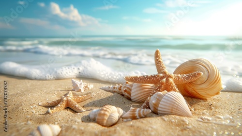 Starfish and Seashells on a Sandy Beach photo
