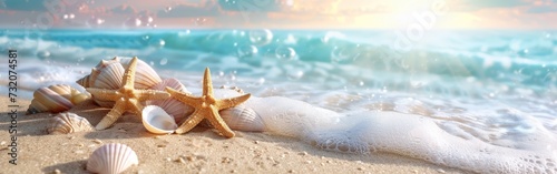 Starfish and Shells on Sandy Beach