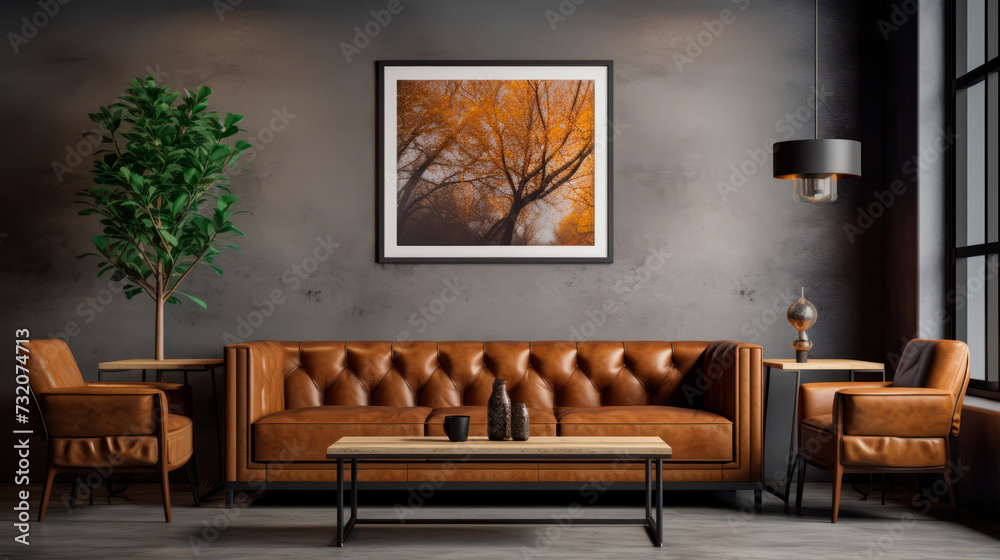 A modern urban café with a leather sofa and a large square painting depicting a sunlit alley. Floor-to-ceiling windows invite city views, complemented by indoor A modern urban café with a leather sofa and a large square painting depicting a sunlit alley. Floor-to-ceiling windows invite city views, complemented by indoor