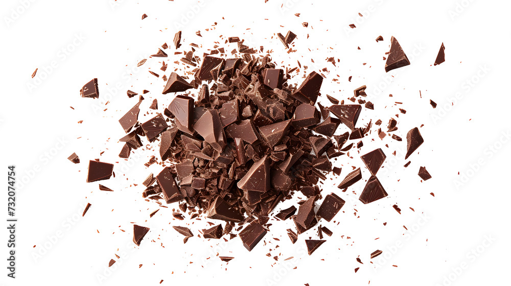 Pile chopped, milled chocolate isolated on white, - obrazy, fototapety, plakaty 