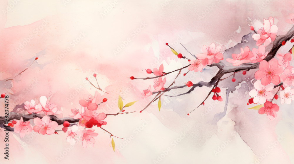 Watercolor painting of cherry blossoms in full bloom, a longer panoramic view that captures the fleeting beauty of spring and the serene elegance of these beloved flowers.