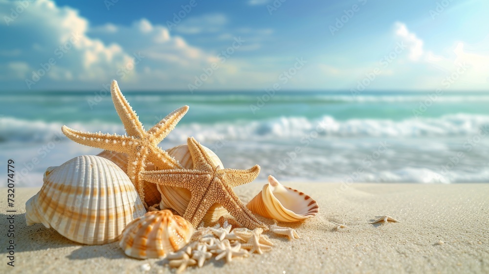 Starfish and Seashells on Sandy Beach Starfish and Seashells on Sandy Beach