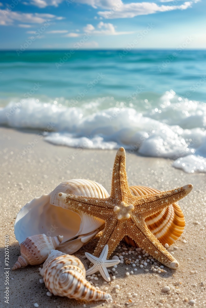 Starfish and Seashells on Sandy Beach