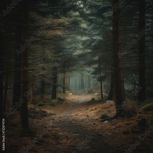 Mystical Forest Pathway in Ethereal Fog