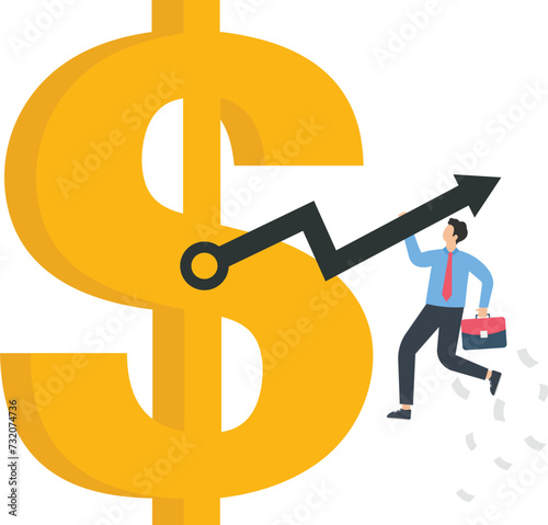 Businessman is hanging on the dollar's pointer
