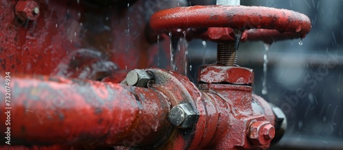 A detailed image of a red fire hydrant with water flowing out, featuring a vehicle-related element in its surroundings photo