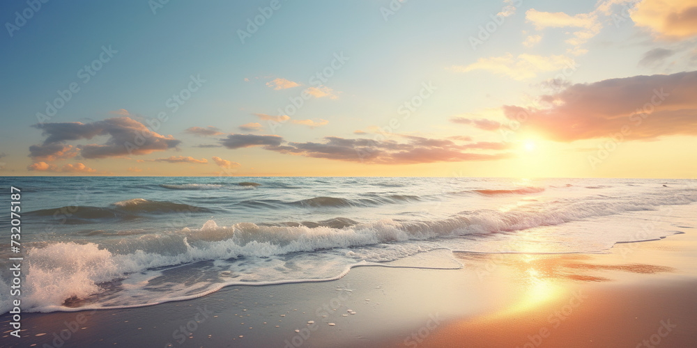 Baltic sea waves with foam crashing on the beach at sunset. Purple, orange, yellow and blue hues, sunrays, romantic evening, seascape landscape background wallpaper