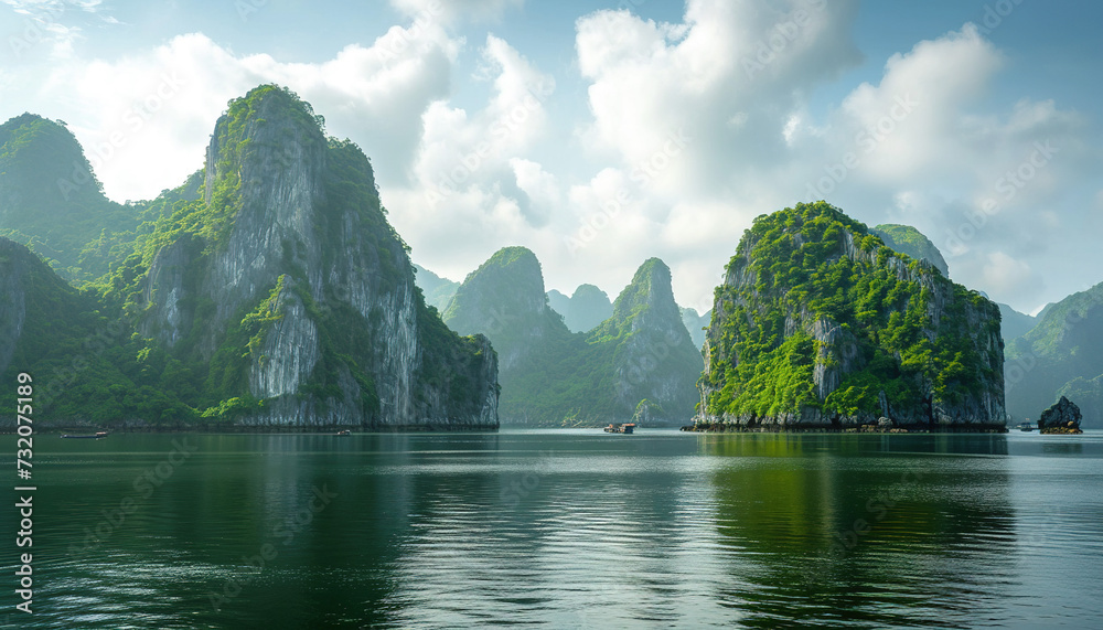 Ha Long Bay, Halong bay World Heritage Site, limestone islands, emerald waters with boats in Quảng Ninh province, Vietnam. Travel destination, natural wonder landscape background wallpaper