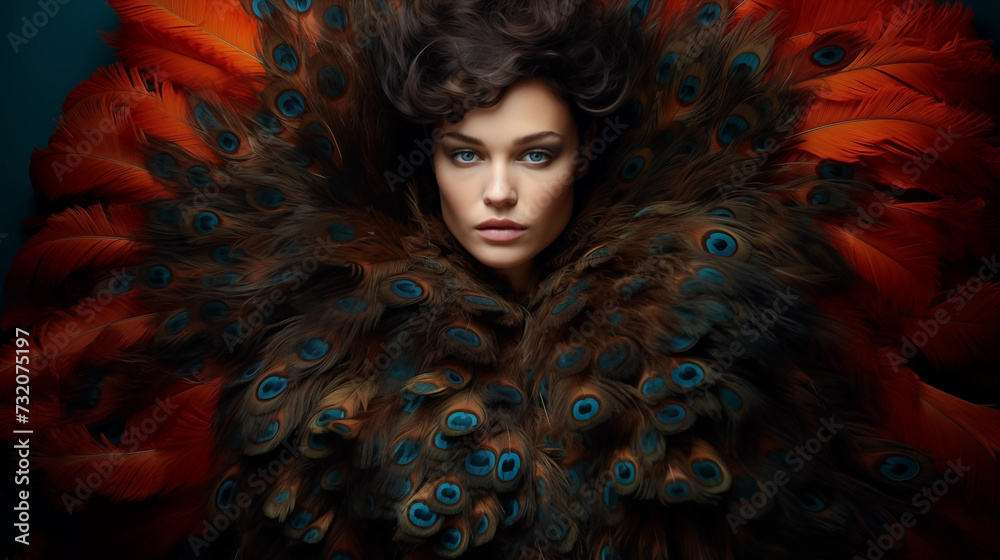 Portrait einer Frau mit Federn. Illustration vor dunklem Hintergrund Portrait einer Frau mit Federn. Illustration vor dunklem Hintergrund