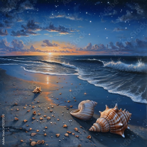 Seashell Painting on Nighttime Beach