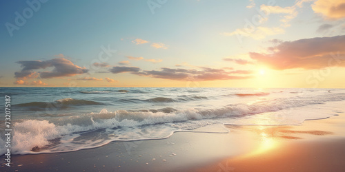 Baltic sea waves with foam crashing on the beach at sunset. Purple, orange, yellow and blue hues, sunrays, romantic evening, seascape landscape background wallpaper