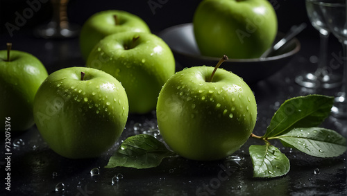 Juicy ripe green apples on a dark background organic