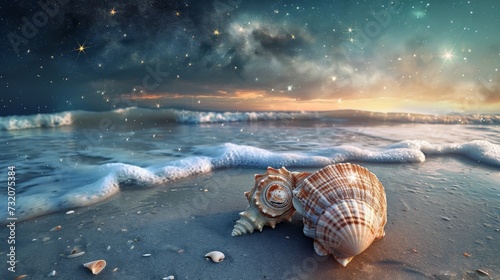 Seashell on Sandy Beach at Night