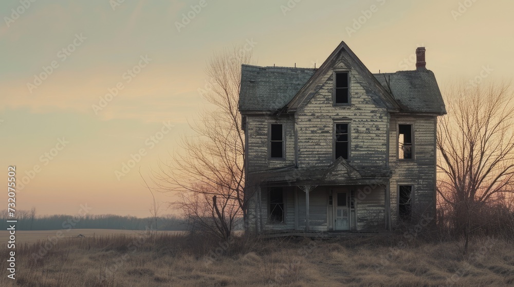 an old dilapidated house, weathered by time and neglect, in a realistic photograph that evokes a sense of nostalgia and abandonment. an old dilapidated house, weathered by time and neglect, in a realistic photograph that evokes a sense of nostalgia and abandonment.