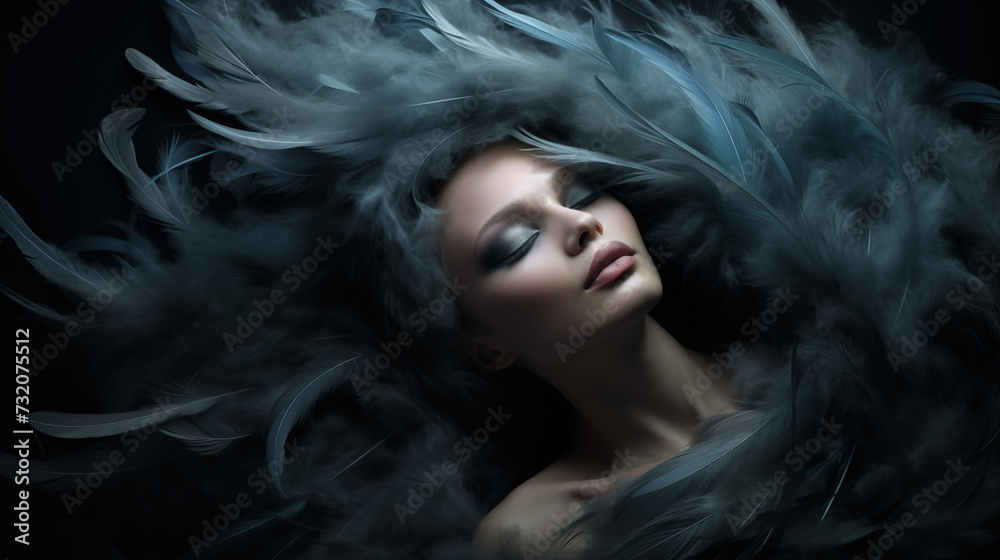 Portrait einer ruhenden Frau mit blaugrünen Federn. Illustration vor dunklem Hintergrund Portrait einer ruhenden Frau mit blaugrünen Federn. Illustration vor dunklem Hintergrund