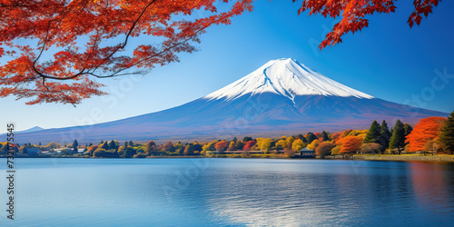 Mt. Fuji, mount Fuji-san tallest volcano mountain in Tokyo, Japan. Snow capped peak, conical sacred symbol, autumn fall, red trees, nature landscape backdrop background wallpaper, travel destination