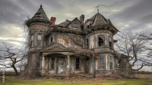 an old dilapidated house, weathered by time and neglect, in a realistic photograph that evokes a sense of nostalgia and abandonment.