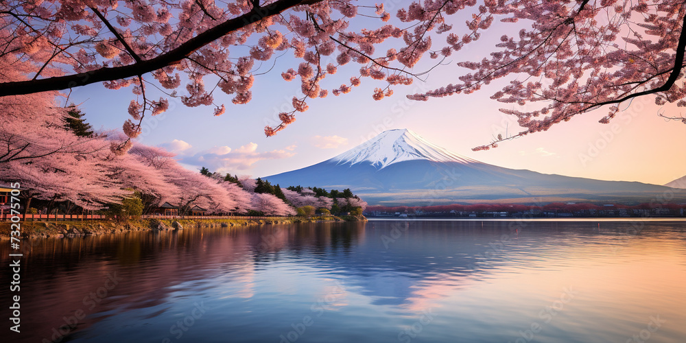 Mt. Fuji, mount Fuji-san tallest volcano mountain in Tokyo, Japan. Snow capped peak, conical sacred symbol, spring season, sakura pink trees, nature landscape backdrop background wallpaper, travel