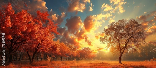 A beautiful natural landscape of a field with trees under a vibrant orange afterglow of a sunset, with clouds illuminating the sky.