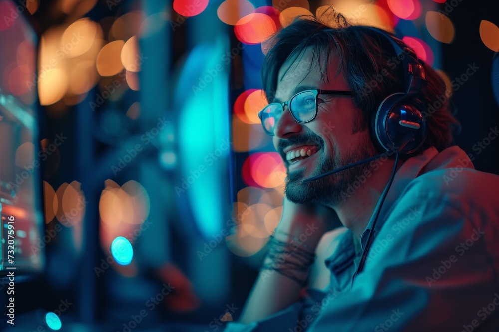 Smiling Man With Headphones at Computer Smiling Man With Headphones at Computer