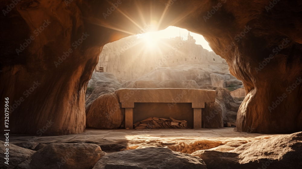 Empty tomb of Jesus in sun rays. Christian, catholic easter. Concept of  Jesus resurrection day, Gods blessing concept - obrazy, fototapety, plakaty 