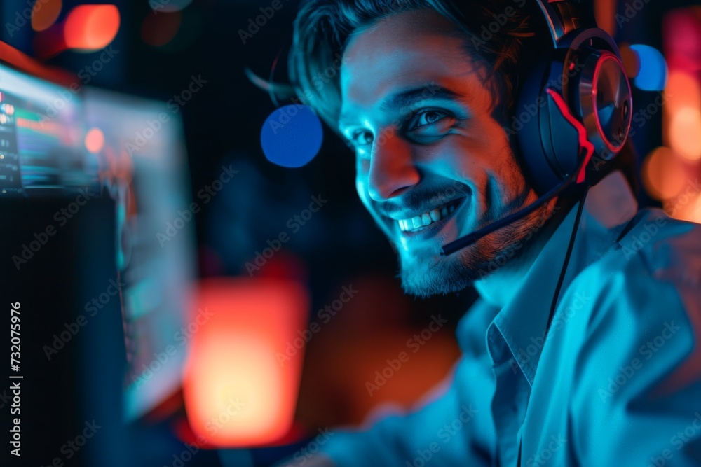 Smiling Man Wearing Headphones and Headset Smiling Man Wearing Headphones and Headset