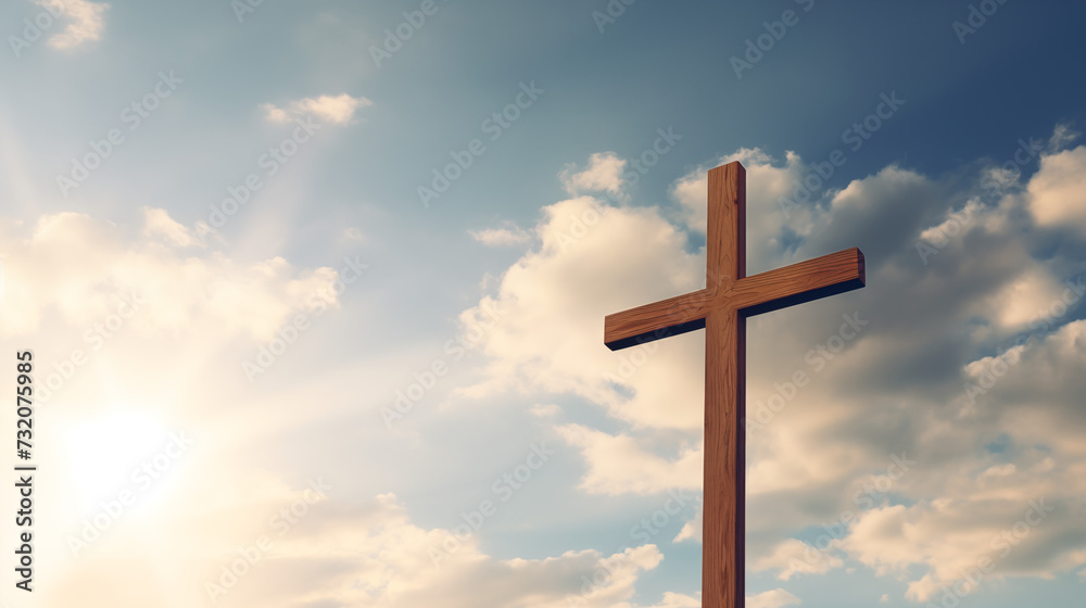 Catholic easter. Christian wooden cross against blue  sky with clouds and sun rays. Silhouette in sunrise. Concept of  Jesus resurrection day