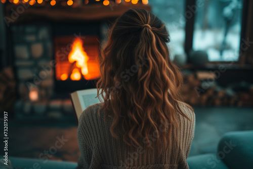 Relaxed moment of reading by a fireplace on a winter day