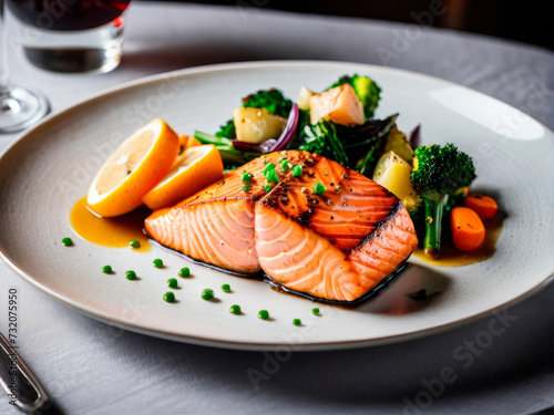 Delicious salmon steak with steamed vegetables served on a plate in a restaurant. Healthy dinner.