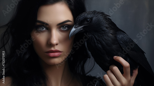 Portrait einer Frau mit einem schwarzen Vogel. Illustration vor grauem Hintergrund