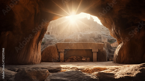 Empty tomb of Jesus in sun rays. Christian, catholic easter. Concept of  Jesus resurrection day, Gods blessing concept photo