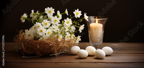 Christian  catholic easter. Original color eggs   flowers in basket and  burning candle on wooden rustic table for your decoration in holiday. Easter greeting card