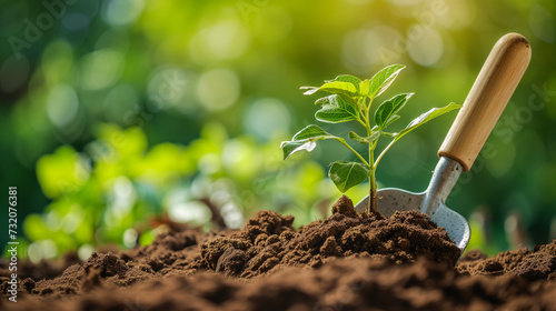 Planting a small plant on a pile of soil with gardening tool on green bokeh background.