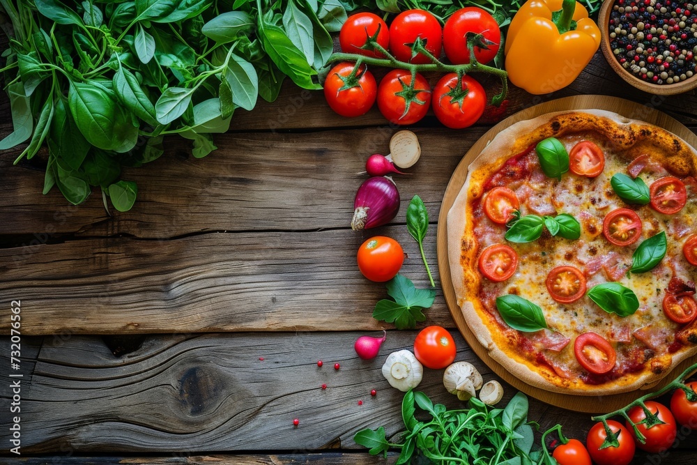 Pizza on Wooden Table Surrounded by Vegetables Pizza on Wooden Table Surrounded by Vegetables