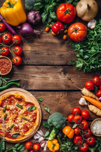 Pizza Surrounded by Various Vegetables and Fruits