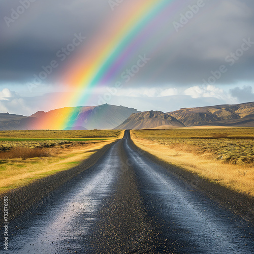 Rainbow Over Scenic Road in Mountainous Landscape