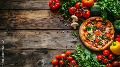 Pizza on Wooden Table Surrounded by Vegetables