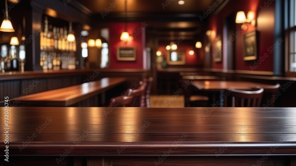 Empty wooden table top with blur background of irish pub. Generated with AI