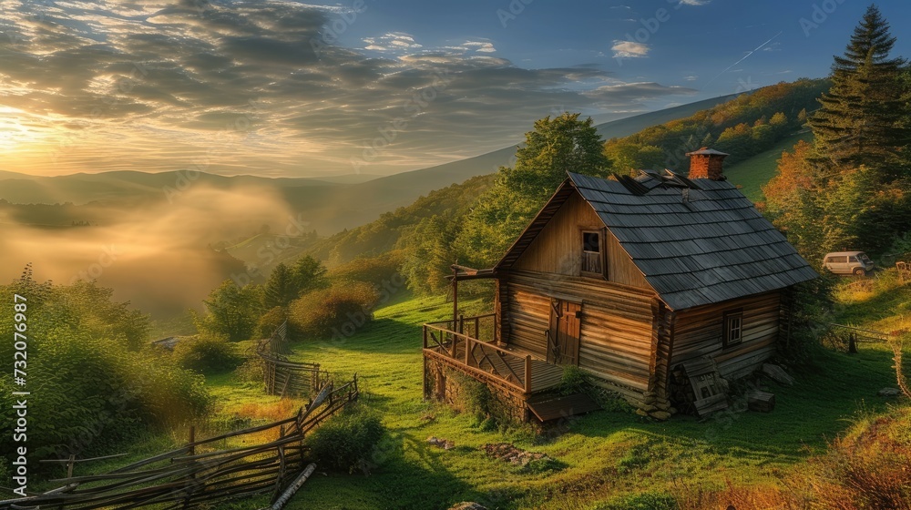 village life in Serbia with a realistic photograph featuring a quaint wooden cabin nestled amidst the picturesque countryside, evoking a sense of tranquility and serenity.