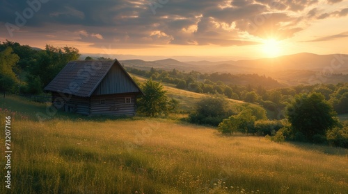 village life in Serbia with a realistic photograph featuring a quaint wooden cabin nestled amidst the picturesque countryside, evoking a sense of tranquility and serenity.