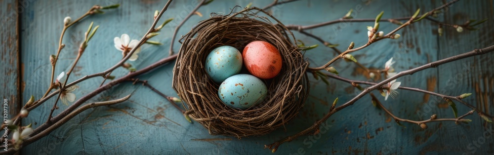 Three Eggs in Nest on Blue Door Three Eggs in Nest on Blue Door