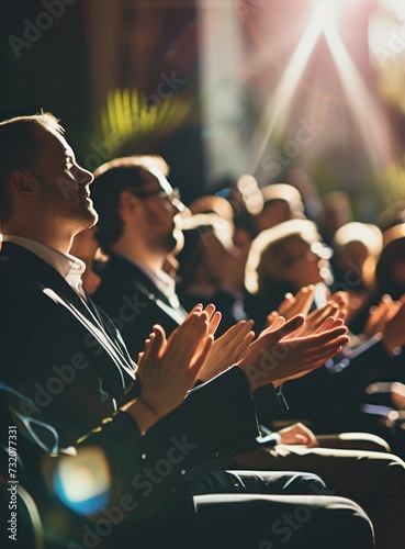 Close-up of people applauding at a business conference with a blurred background photo