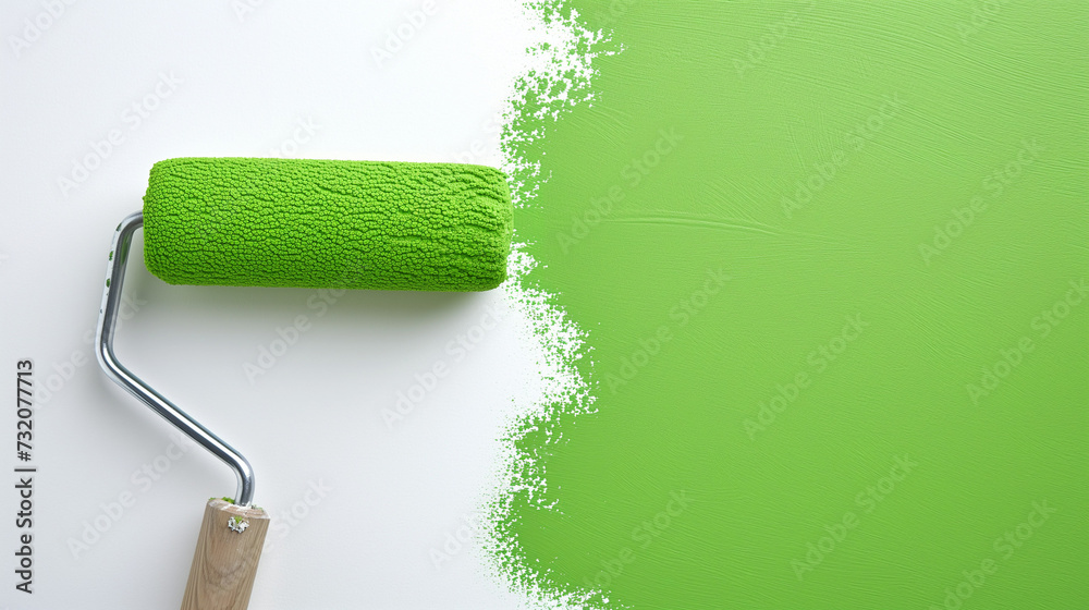 Obraz premium Image of a paint roller painting a white wall with green paint.