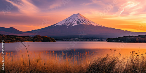 Mt. Fuji, mount Fuji-san tallest volcano mountain in Tokyo, Japan. Snow capped peak, conical sacred symbol, purple, orange sunset nature landscape backdrop background wallpaper, travel destination © Gajus