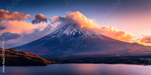 Mt. Fuji, mount Fuji-san tallest volcano mountain in Tokyo, Japan. Snow capped peak, conical sacred symbol, purple, orange sunset nature landscape backdrop background wallpaper, travel destination photo