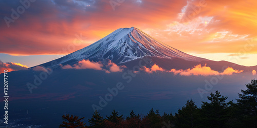 Mt. Fuji, mount Fuji-san tallest volcano mountain in Tokyo, Japan. Snow capped peak, conical sacred symbol, purple, orange sunset nature landscape backdrop background wallpaper, travel destination